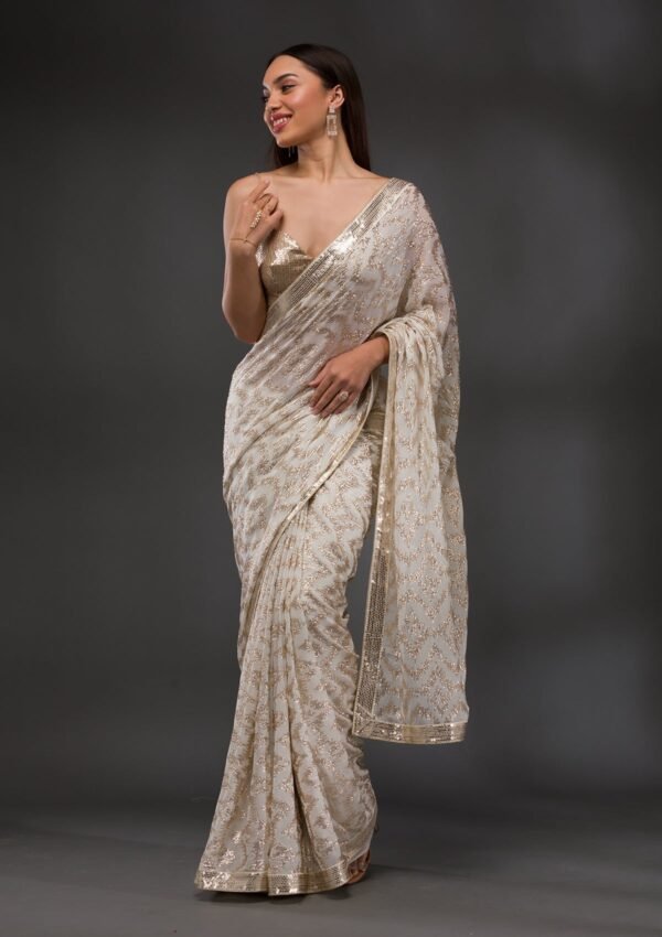 Stunning Off-White Georgette Saree Adorned with Sparkling Sequins - Image 4