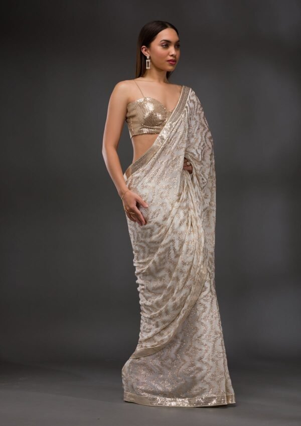 Stunning Off-White Georgette Saree Adorned with Sparkling Sequins - Image 3