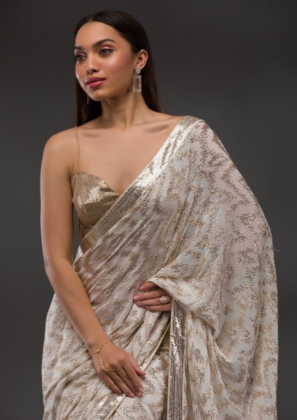 Stunning Off-White Georgette Saree Adorned with Sparkling Sequins - Image 6