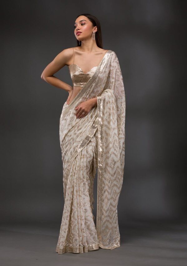 Stunning Off-White Georgette Saree Adorned with Sparkling Sequins - Image 5