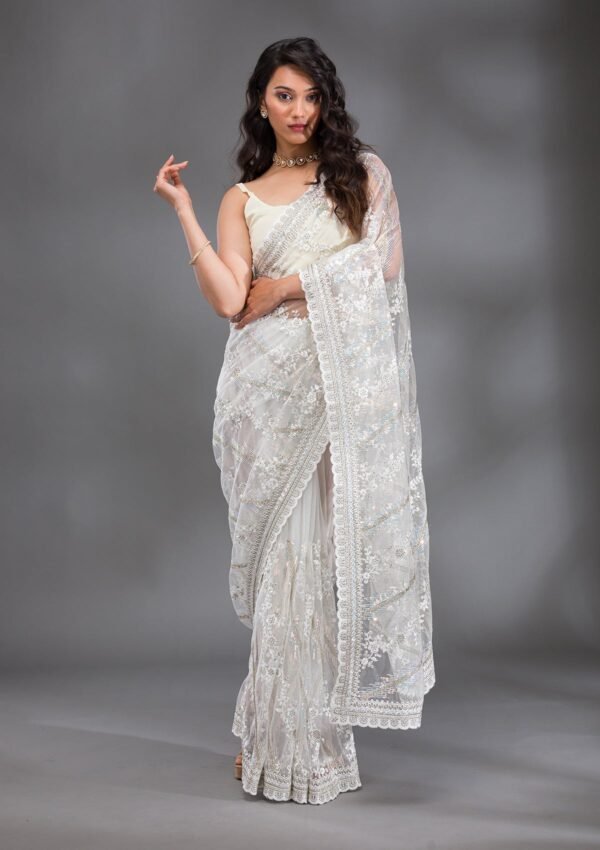 Stunning Off White Sequined Net Saree for Glamorous Occasions - Image 3