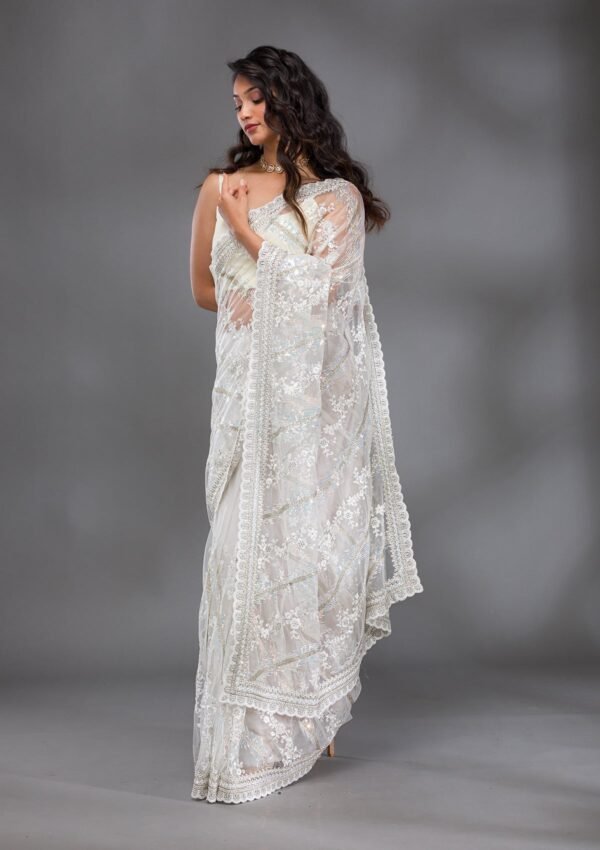 Stunning Off White Sequined Net Saree for Glamorous Occasions - Image 4