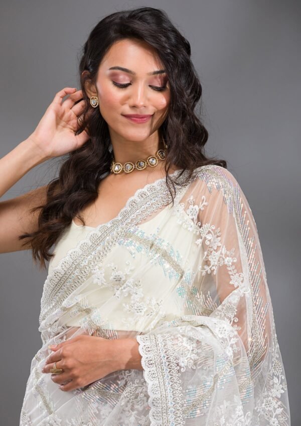 Stunning Off White Sequined Net Saree for Glamorous Occasions - Image 6