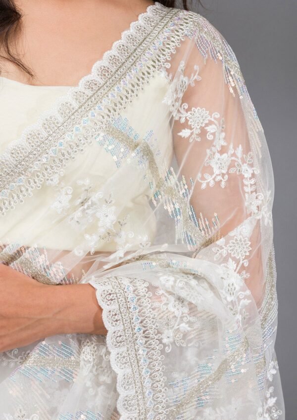 Stunning Off White Sequined Net Saree for Glamorous Occasions - Image 7