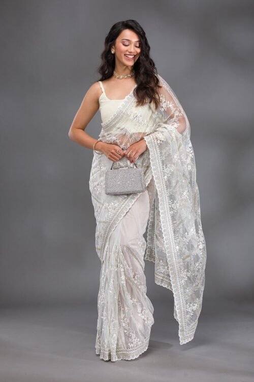 Stunning Off White Sequined Net Saree for Glamorous Occasions