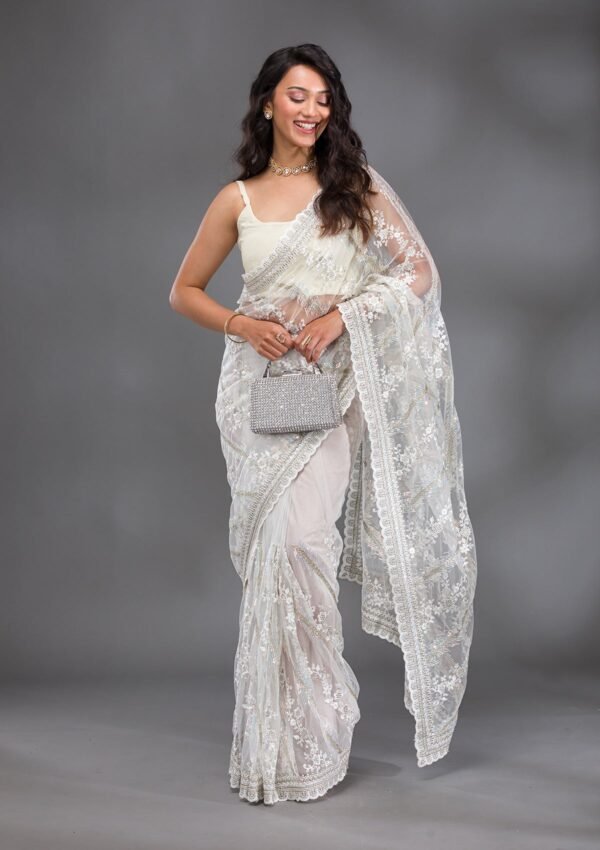 Stunning Off White Sequined Net Saree for Glamorous Occasions