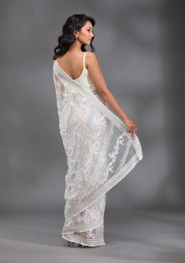 Stunning Off White Sequined Net Saree for Glamorous Occasions - Image 2