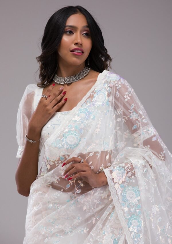 Elegant Off-White Sequined Tissue Saree for a Dazzling Look - Image 6