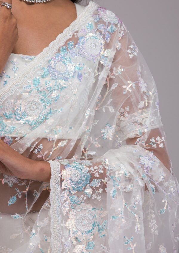 Elegant Off White Sequined Tissue Saree - Image 7
