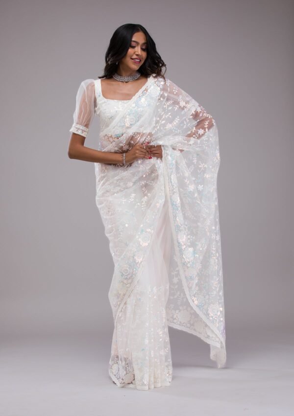 Elegant Off White Sequined Tissue Saree - Image 4
