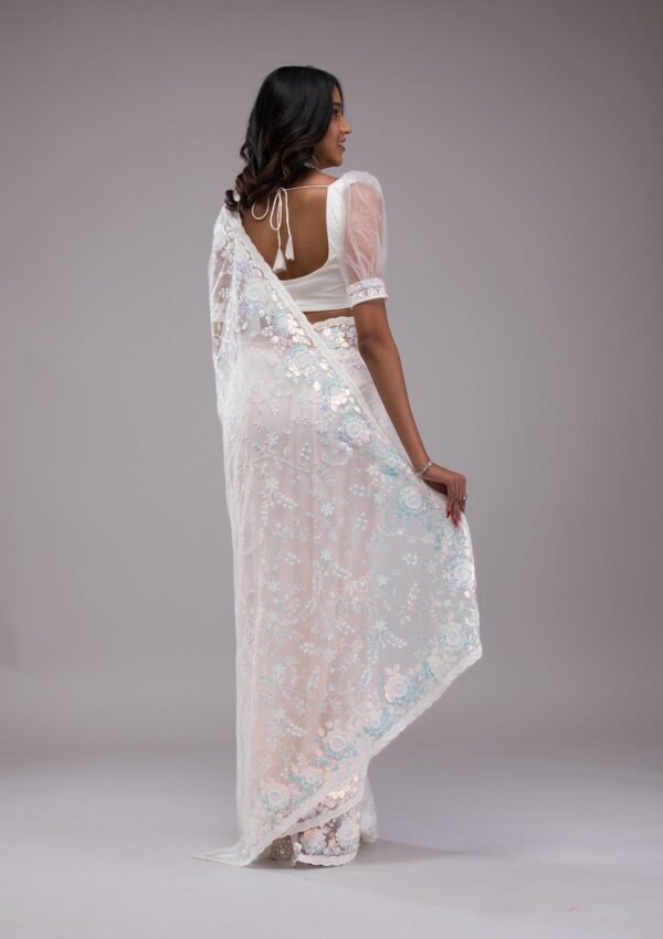 Elegant Off White Sequined Tissue Saree - Image 2
