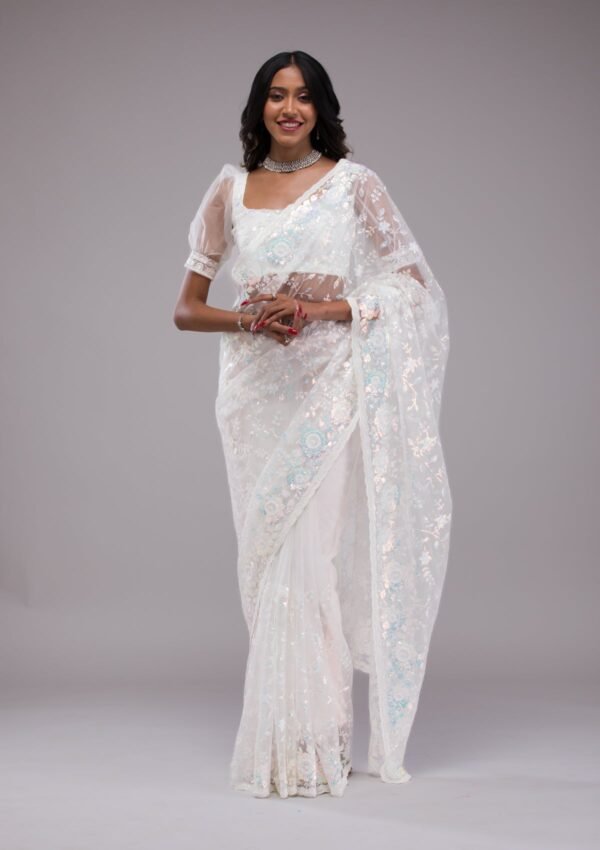 Elegant Off White Sequined Tissue Saree