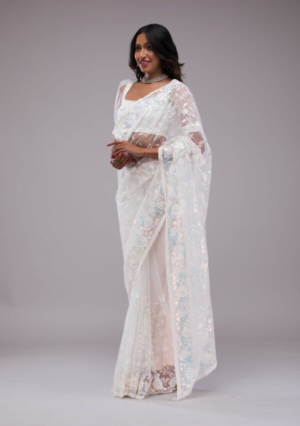 Elegant Off White Sequined Tissue Saree - Image 5