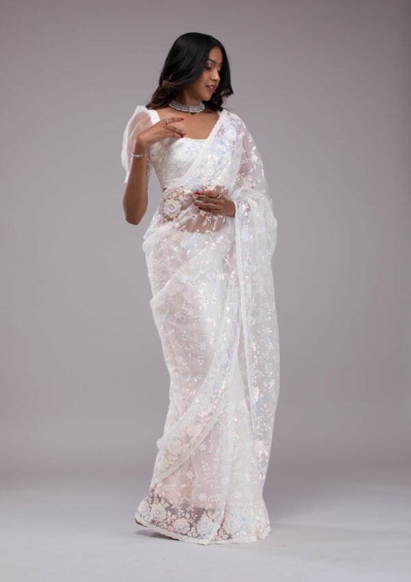 Elegant Off White Sequined Tissue Saree - Image 3