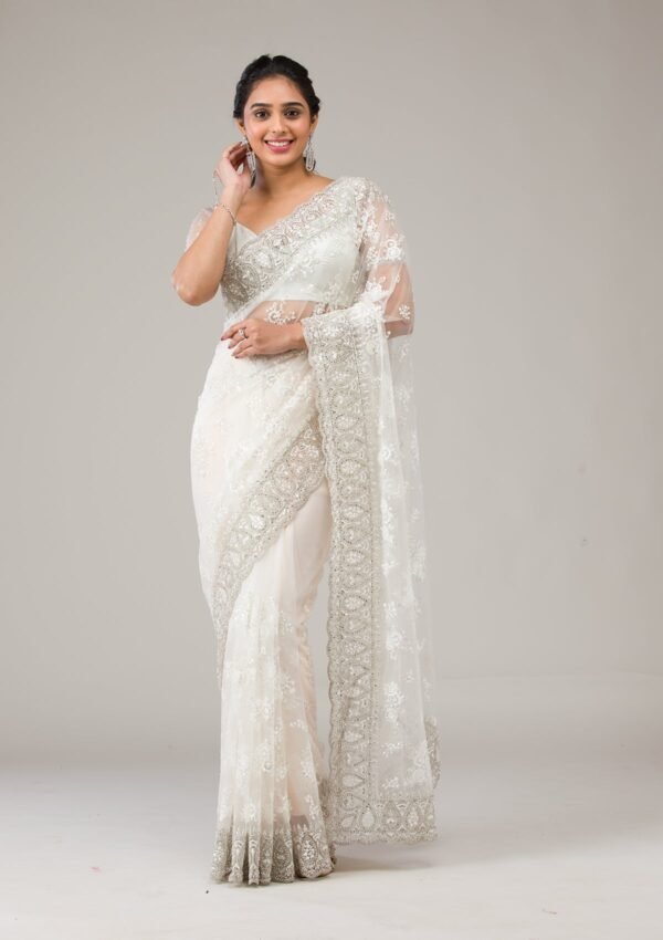 Elegant Off White Stonework Net Saree - Image 3