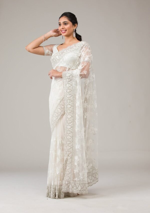 Elegant Off White Stonework Net Saree - Image 4