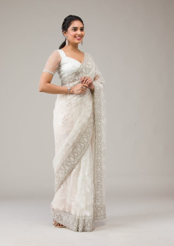 Elegant Off White Stonework Net Saree - Image 5