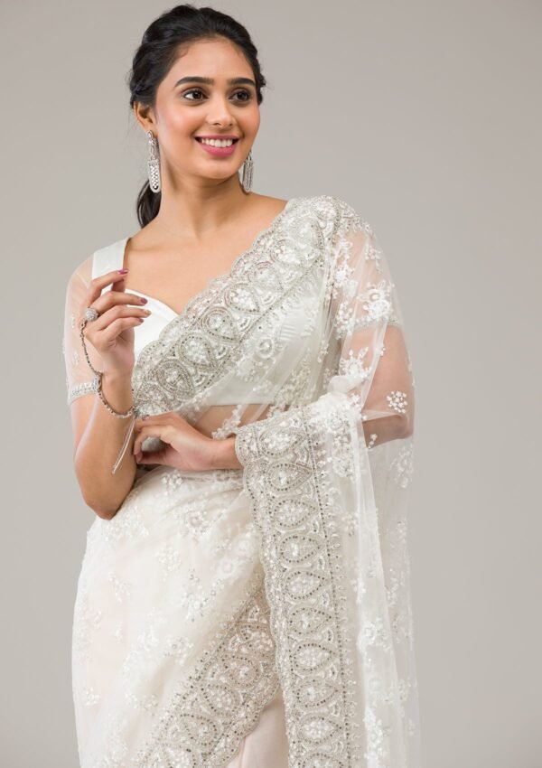 Elegant Off White Stonework Net Saree - Image 6