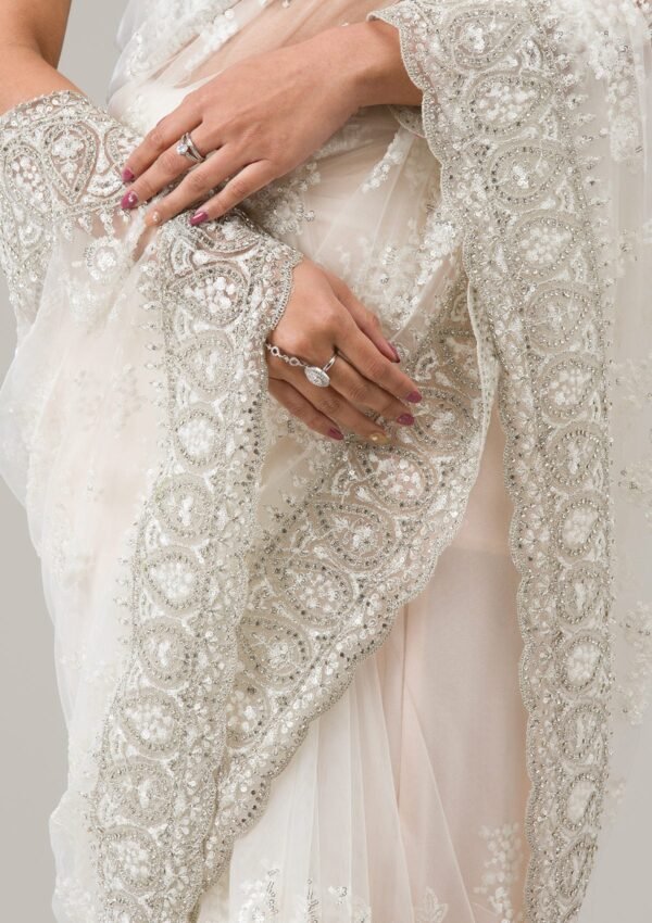 Elegant Off White Stonework Net Saree - Image 8