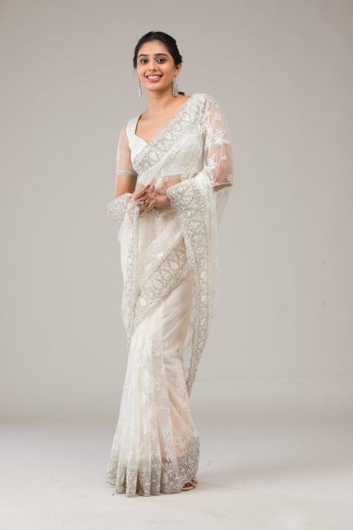 Elegant Off White Stonework Net Saree