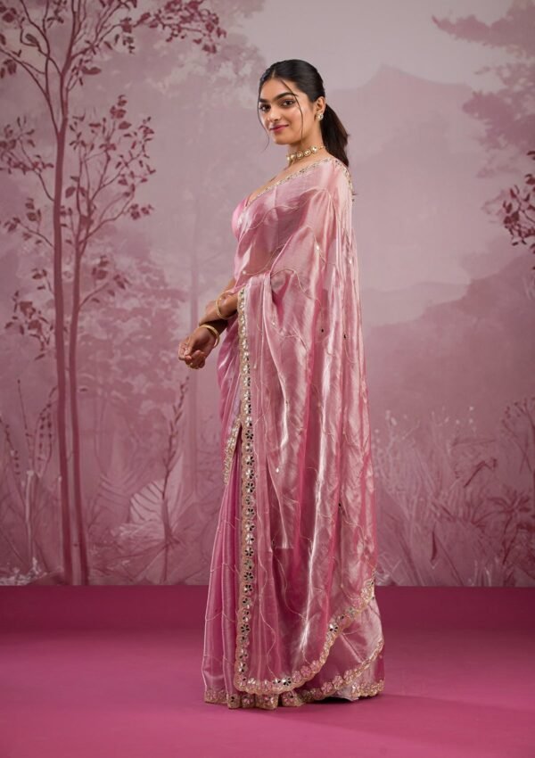 Chic Onion Pink Tissue Saree with Stunning Mirrorwork Details - Image 4