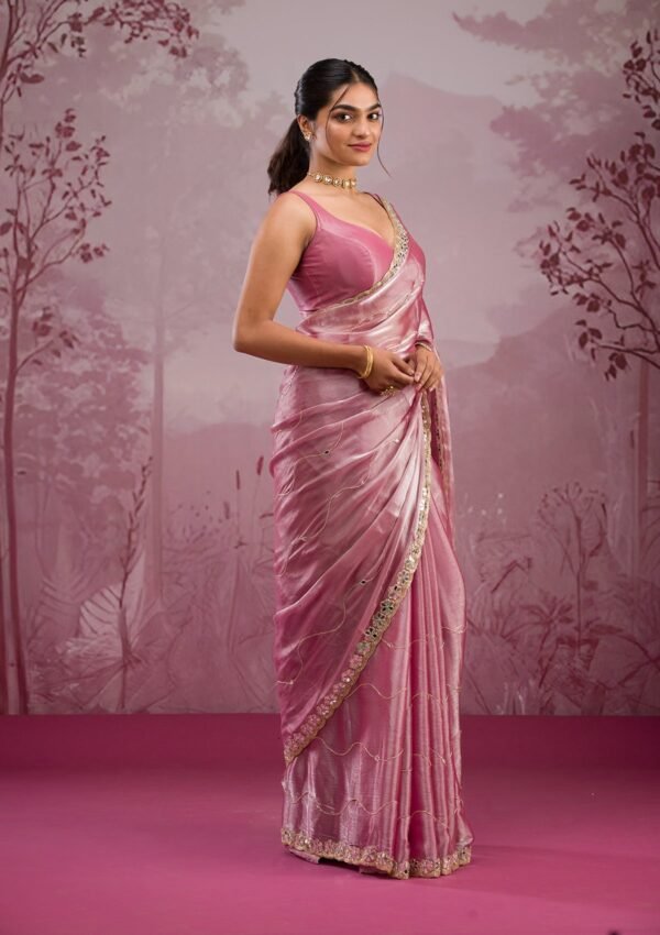 Stunning Pink Mirrorwork Tissue Saree with Onion Tones - Image 5
