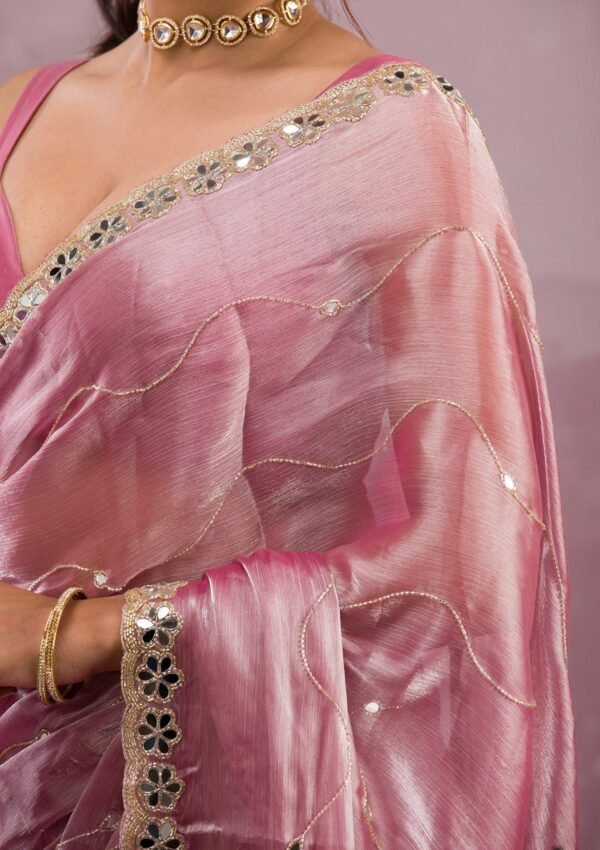 Chic Onion Pink Tissue Saree with Stunning Mirrorwork Details - Image 7