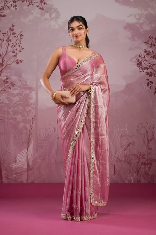 Stunning Pink Mirrorwork Tissue Saree with Onion Tones