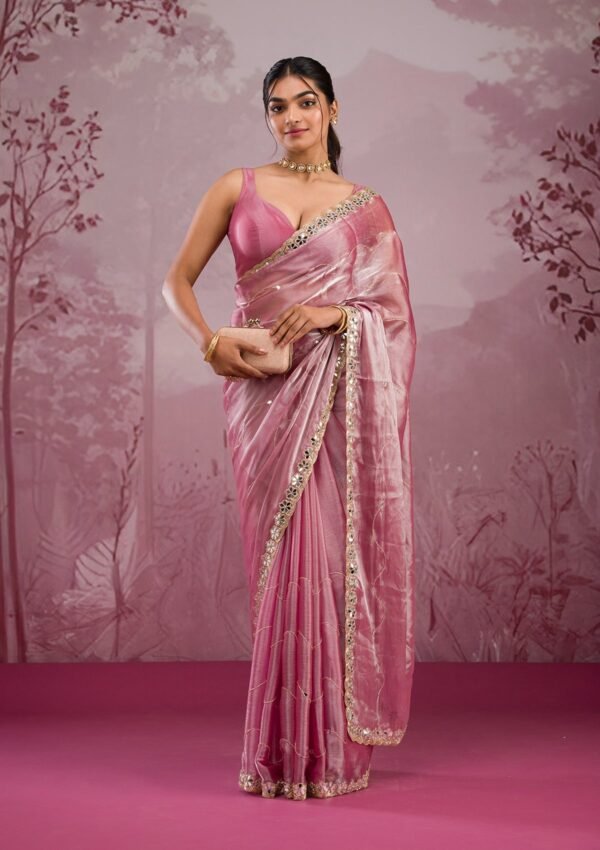 Chic Onion Pink Tissue Saree with Stunning Mirrorwork Details