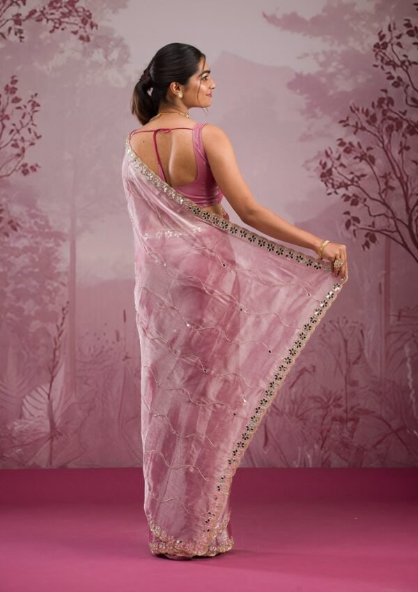 Chic Onion Pink Tissue Saree with Stunning Mirrorwork Details - Image 2