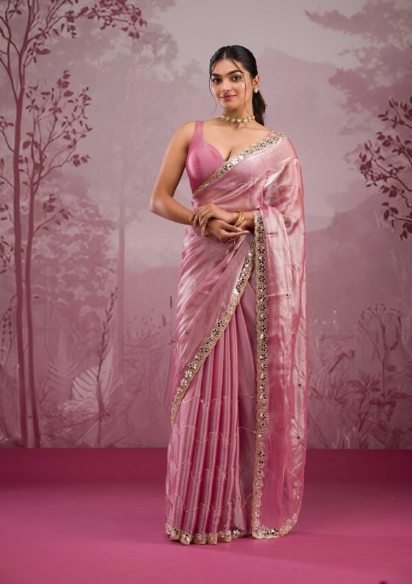 Chic Onion Pink Tissue Saree with Stunning Mirrorwork Details - Image 3