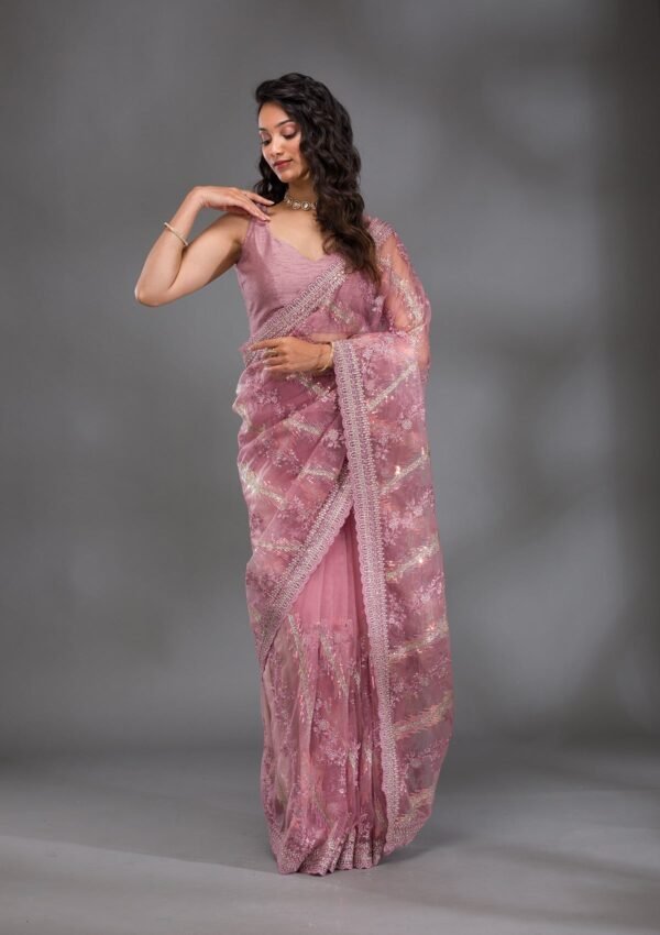 Glamorous Pink Sequined Net Saree with Elegant Onion Hues - Image 3