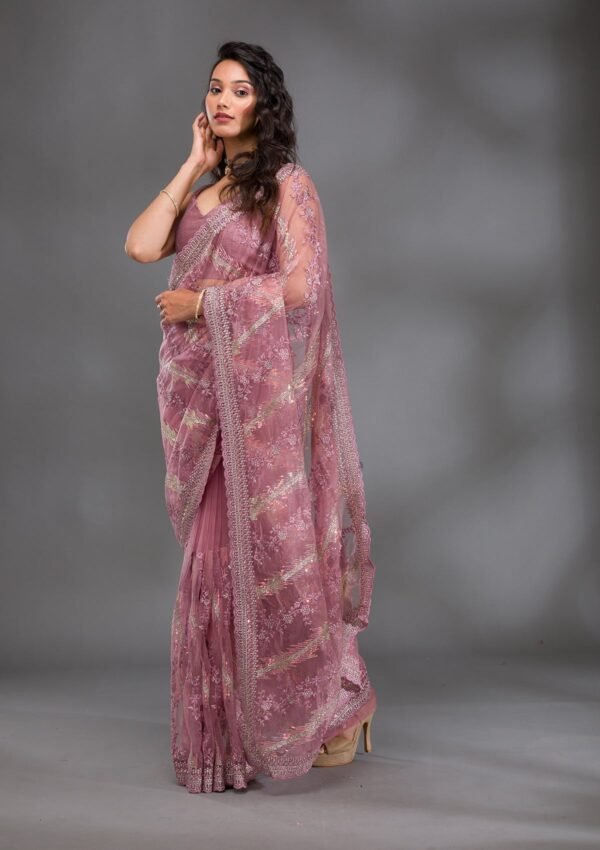 Glamorous Pink Sequined Net Saree with Elegant Onion Hues - Image 4