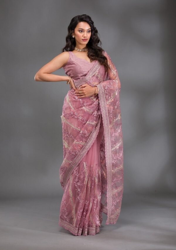 Chic Pink Sequined Net Saree with Onion Hues - Image 5