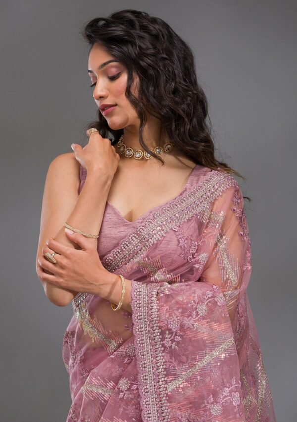 Glamorous Pink Sequined Net Saree with Elegant Onion Hues - Image 6