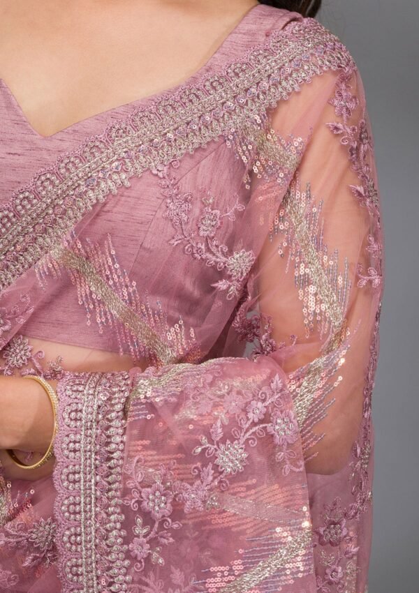 Glamorous Pink Sequined Net Saree with Elegant Onion Hues - Image 7