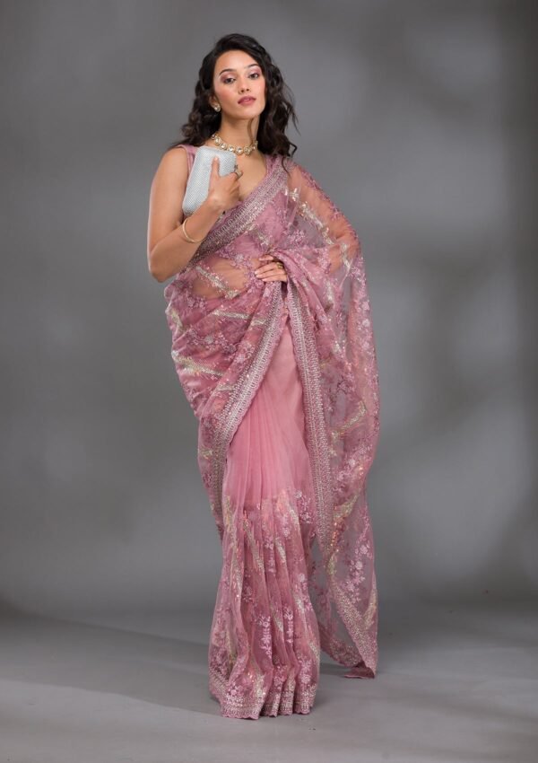 Chic Pink Sequined Net Saree with Onion Hues