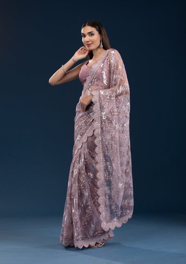 Stunning Pink Sequin Net Saree with Onion Hue - Image 3