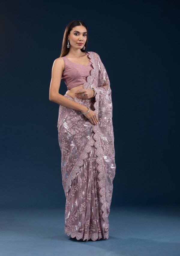 Stunning Pink Sequin Net Saree with Onion Hue - Image 4