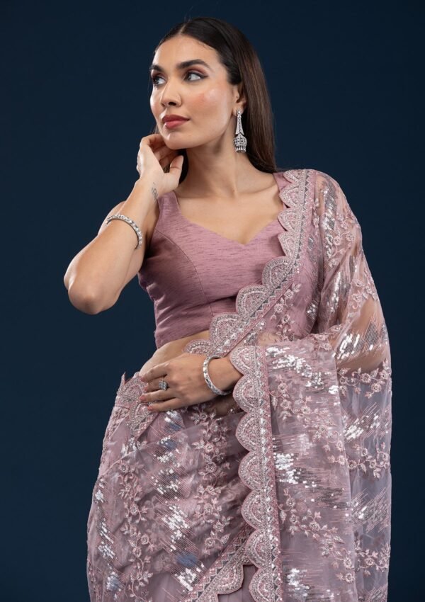 Stunning Pink Sequin Net Saree with Onion Hue - Image 6