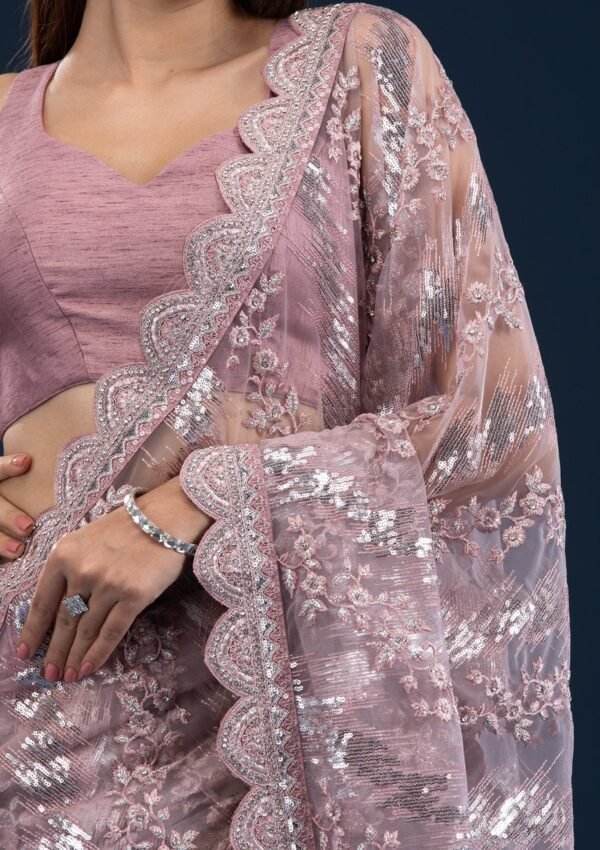 Stunning Pink Sequin Net Saree with Onion Hue - Image 7