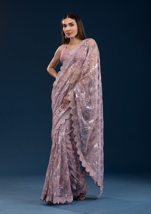 Stunning Pink Sequin Net Saree with Onion Hue - Image 5