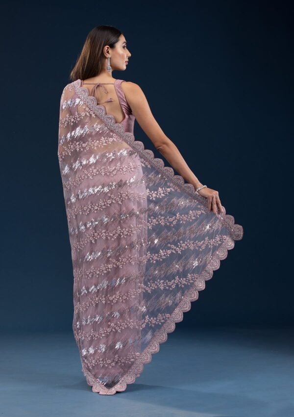 Stunning Pink Sequin Net Saree with Onion Hue - Image 2