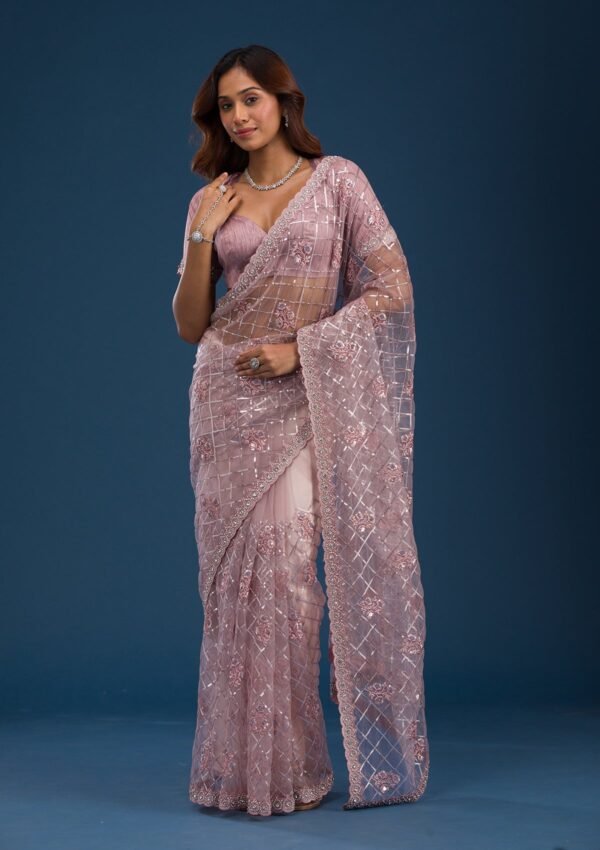 Stunning Pink Sequined Net Saree with Onion Hues