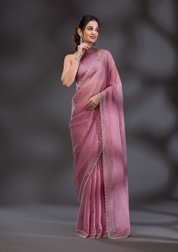 Elegant Pink Stonework Tissue Saree with Onion Hues - Image 3