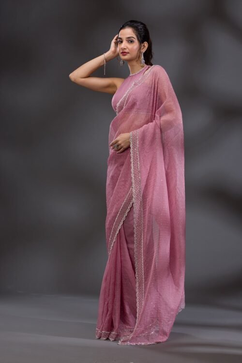 Elegant Pink Stonework Tissue Saree with Onion Hues