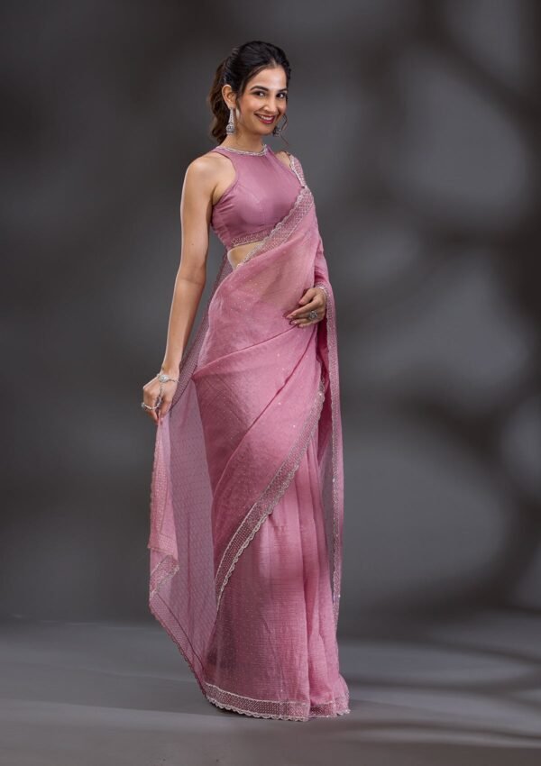 Elegant Pink Stonework Tissue Saree with Onion Hues - Image 4