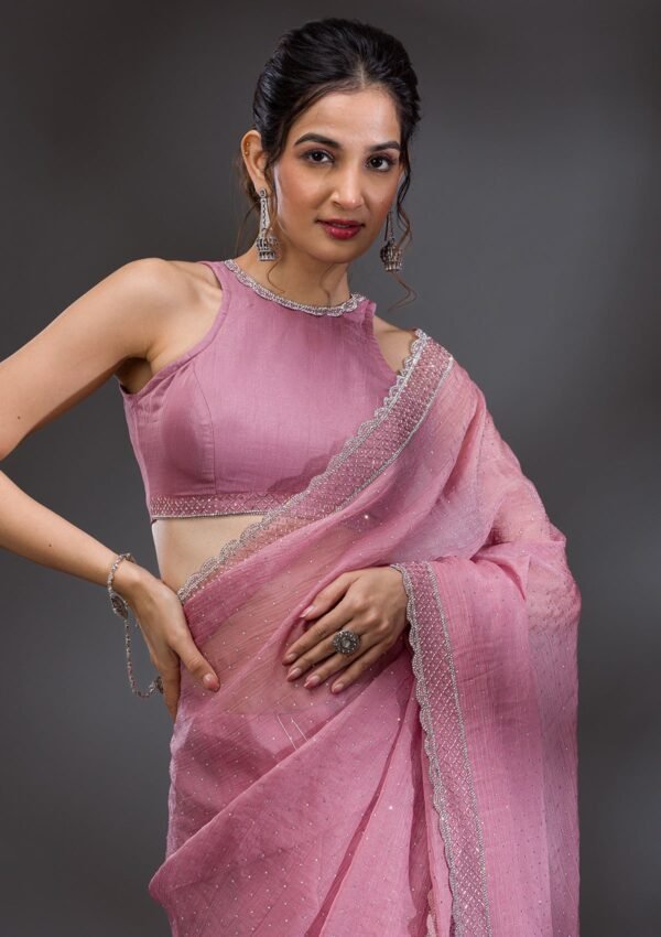 Elegant Pink Stonework Tissue Saree with Onion Hues - Image 5