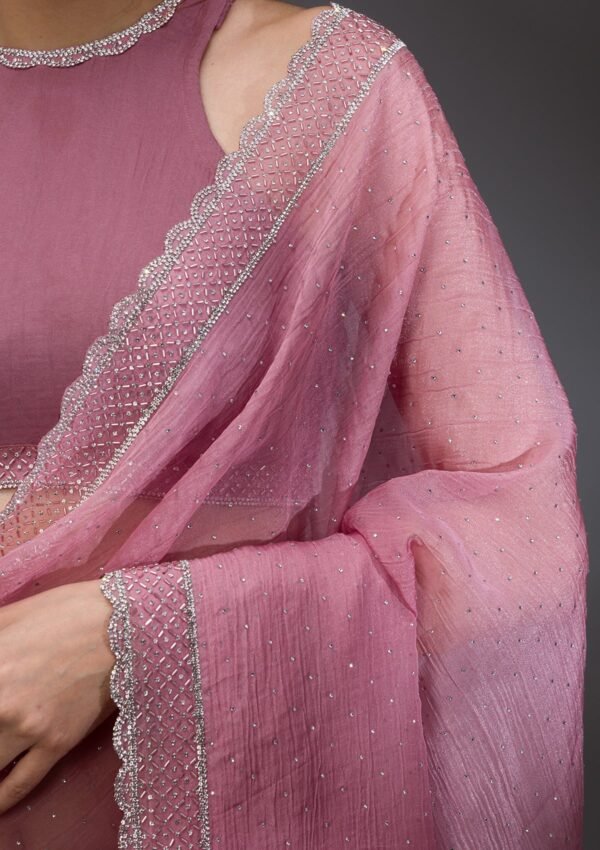 Elegant Pink Stonework Tissue Saree with Onion Hues - Image 6