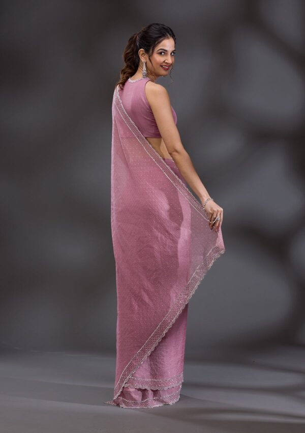 Elegant Pink Stonework Tissue Saree with Onion Hues - Image 2